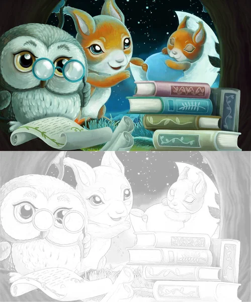 cartoon sketch scene with wise owl in its tree house learning reading books with friends - illustration for children