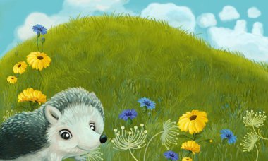 Çayırda hayvan kemirgen kirpi baykuşlu çizgi film sahnesi - illüstrasyon