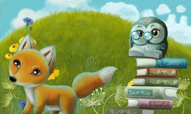 Çayır üzerinde hayvan tilki ve baykuş olan çizgi film sahnesi - çocuklar için çizim