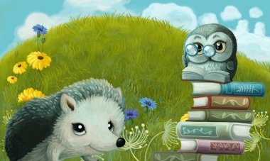 Çayırda hayvan kuş baykuşunun olduğu çizgi film sahnesi - çocuklar için çizim