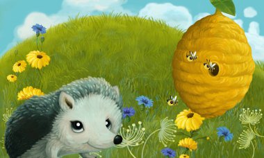 Çayırda hayvan kemirgen kirpi baykuşlu çizgi film sahnesi - illüstrasyon