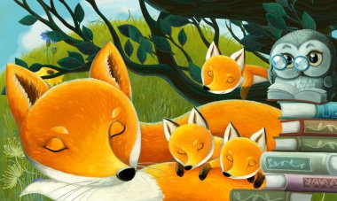 Çayır üzerinde hayvan tilki ailesinin olduğu çizgi film sahnesi - çocuklar için çizim