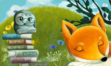 Çayırda hayvan tilki ve kuş baykuşunun olduğu çizgi film sahnesi - çocuklar için illüstrasyon