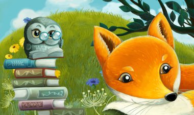 Çayırda hayvan kuş baykuşunun olduğu çizgi film sahnesi - çocuklar için çizim