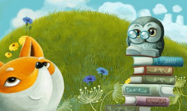 Çayırda hayvan tilki ve kuş baykuşunun olduğu çizgi film sahnesi - çocuklar için illüstrasyon