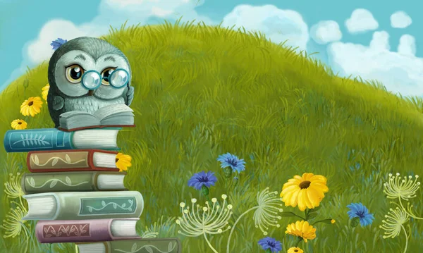 Cartoon Scene Animal Bird Owl Meadow Illustration Children — Stock Photo, Image