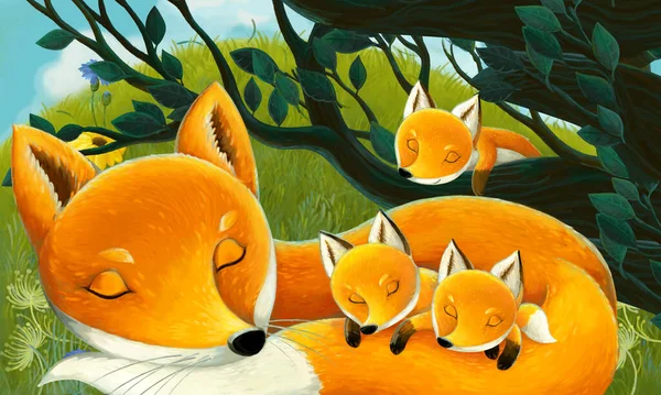 Cartoon Scene Animal Fox Family Meadow Illustration Children — Stock Photo, Image