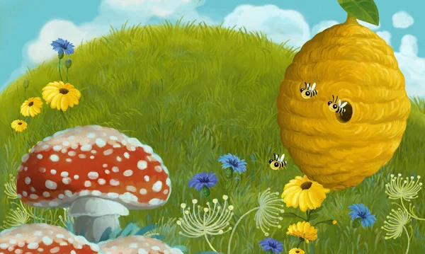 cartoon scene with animals bugs bees and hive on the meadow - illustration for children