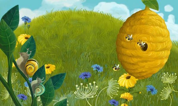 Cartoon Scene Animals Bugs Bees Hive Meadow Illustration Children — Stock Photo, Image