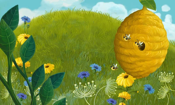 Cartoon Scene Animals Bugs Bees Hive Meadow Illustration Children — Stock Photo, Image