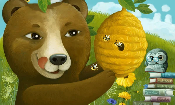 Szkic Kreskówki Zwierzętami Niedźwiedź Robaki Pszczoły Rój Łące Ilustracja Dla — Zdjęcie stockowe
