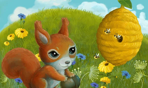 cartoon scene with animal rodent squirrel owl on the meadow - illustration for children