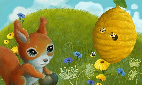 Scena Kreskówki Zwierzętami Sowa Gryzonia Łące Ilustracja Dla Dzieci — Zdjęcie stockowe