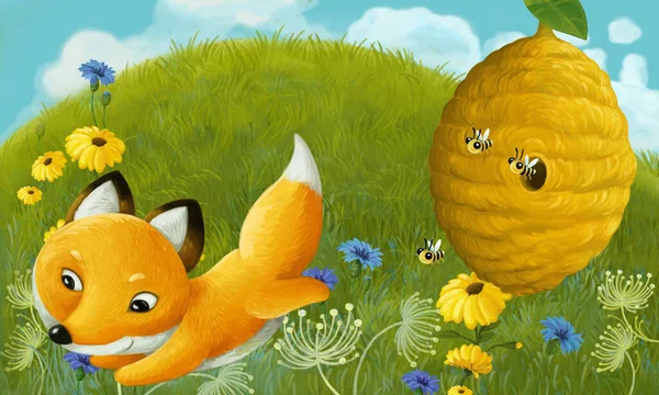 Cartoon Scene Animal Fox Meadow Illustration Children — Stock Photo, Image