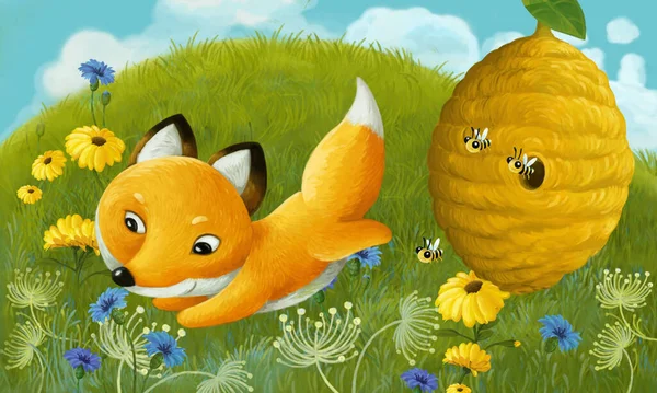 Cartoon Scene Animal Fox Meadow Illustration Children — Stock Photo, Image