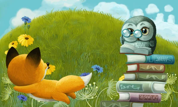 cartoon scene with animal bird owl on the meadow - illustration for children