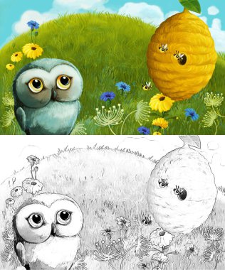 Çayırda hayvan kuş baykuşunun olduğu karikatür sahnesi - çocuklar için çizim