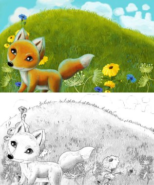 Çayırda hayvan tilkisinin olduğu karikatür sahnesi - çocuklar için çizim