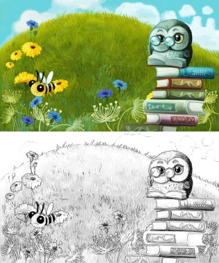 Çayırda hayvan kuş baykuşunun olduğu karikatür sahnesi - çocuklar için çizim