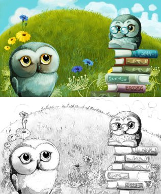 Çayırda hayvan kuş baykuşunun olduğu karikatür sahnesi - çocuklar için çizim