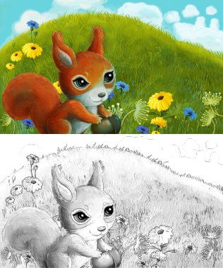 Çayırda hayvan kemirgen baykuşunun olduğu çizim sahnesi - çocuklar için illüstrasyon