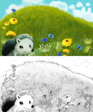 Çayırda hayvan kemirgen kirpi baykuşunun olduğu çizim sahnesi.