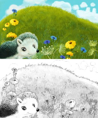 Çayırda hayvan kemirgen kirpi baykuşunun olduğu çizim sahnesi.