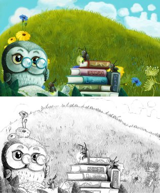 Çayırda hayvan kuş baykuşunun olduğu karikatür sahnesi - çocuklar için çizim