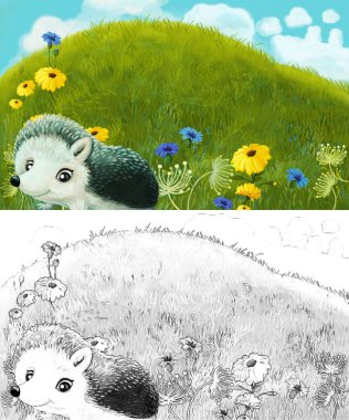 Çayırda hayvan kemirgen kirpi baykuşunun olduğu çizim sahnesi.