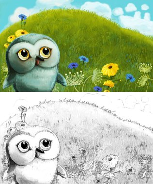Çayırda hayvan kuş baykuşunun olduğu karikatür sahnesi - çocuklar için çizim