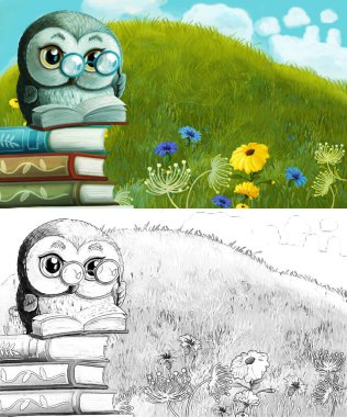 Çayırda hayvan kuş baykuşunun olduğu karikatür sahnesi - çocuklar için çizim