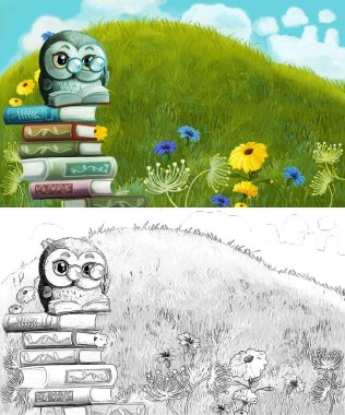 Çayırda hayvan kuş baykuşunun olduğu karikatür sahnesi - çocuklar için çizim
