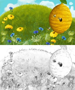 karikatür sahnesi hayvanlar böcek arılar ve çayırda kovan - çocuklar için illüstrasyon