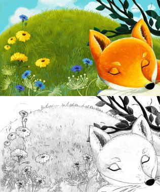 Çayırda hayvan tilkisinin olduğu karikatür sahnesi - çocuklar için çizim