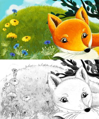 Çayırda hayvan tilkisinin olduğu karikatür sahnesi - çocuklar için çizim