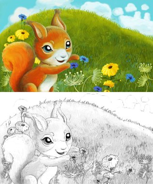 Çayırda hayvan kemirgen baykuşunun olduğu çizim sahnesi - çocuklar için illüstrasyon