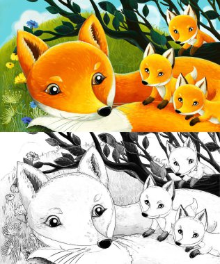 Çayır üzerinde hayvan tilki ailesinin olduğu karikatür sahnesi - çocuklar için çizim