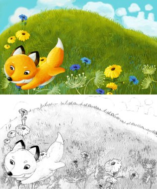 Çayırda hayvan tilkisinin olduğu karikatür sahnesi - çocuklar için çizim