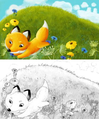 Çayırda hayvan tilkisinin olduğu karikatür sahnesi - çocuklar için çizim