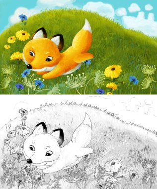 Çayırda hayvan tilkisinin olduğu karikatür sahnesi - çocuklar için çizim