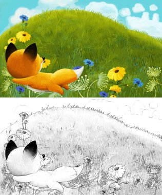 Çayırda hayvan tilkisinin olduğu karikatür sahnesi - çocuklar için çizim