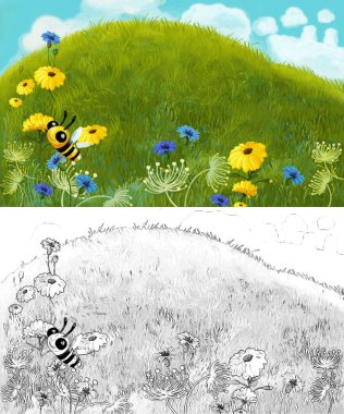 karikatür sahnesi hayvanlar böcek arılar ve çayırda kovan - çocuklar için illüstrasyon