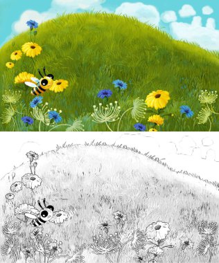 karikatür sahnesi hayvanlar böcek arılar ve çayırda kovan - çocuklar için illüstrasyon