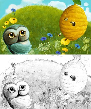 Hayvan kuş baykuşuyla çizim sahnesi ve çayırda kovan - çocuklar için illüstrasyon