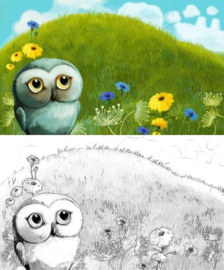 Çayırda hayvan kuş baykuşunun olduğu karikatür sahnesi - çocuklar için çizim