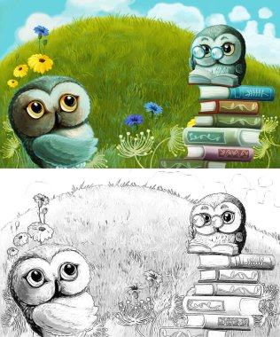 Çayırda hayvan kuş baykuşunun olduğu karikatür sahnesi - çocuklar için çizim