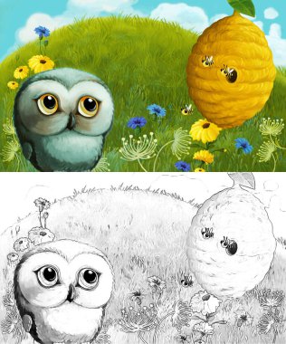 Çayırda hayvan kuş baykuşunun olduğu karikatür sahnesi - çocuklar için çizim