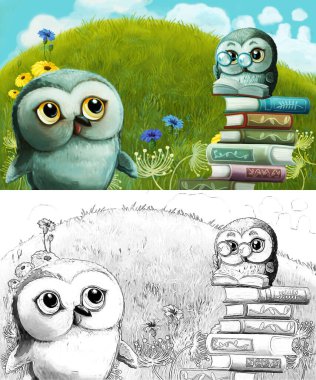 Çayırda hayvan kuş baykuşunun olduğu karikatür sahnesi - çocuklar için çizim