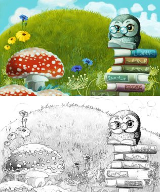 Çayırda hayvan kuş baykuşunun olduğu karikatür sahnesi - çocuklar için çizim