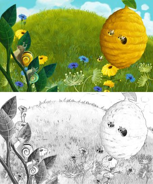 karikatür sahnesi hayvanlar böcek arılar ve çayırda kovan - çocuklar için illüstrasyon